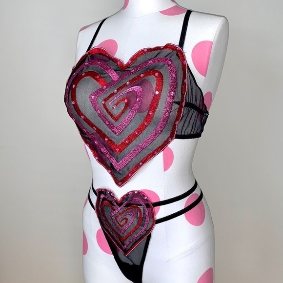 Frederick’s of Hollywood Mesh Heart Lingerie Set